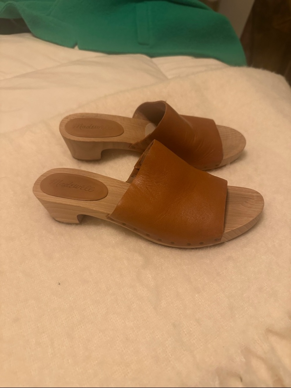 Madewell leather  Evelyn Slide clog Sandals in Cognac Brown and wood size 7